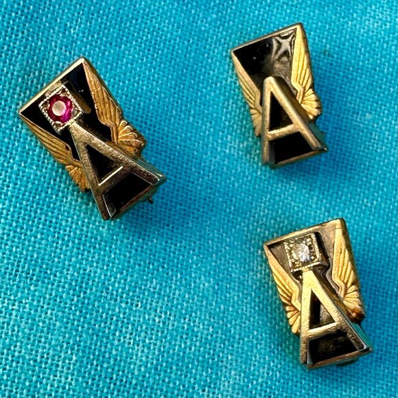 3 Vintage Gold& Enameled Pins Signed KAAG 10K with Gemstones "A" & Wings Motif